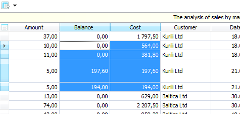 Cube grid has a title zone and active row marker and also supports resizing and cell selection for clipboard operations