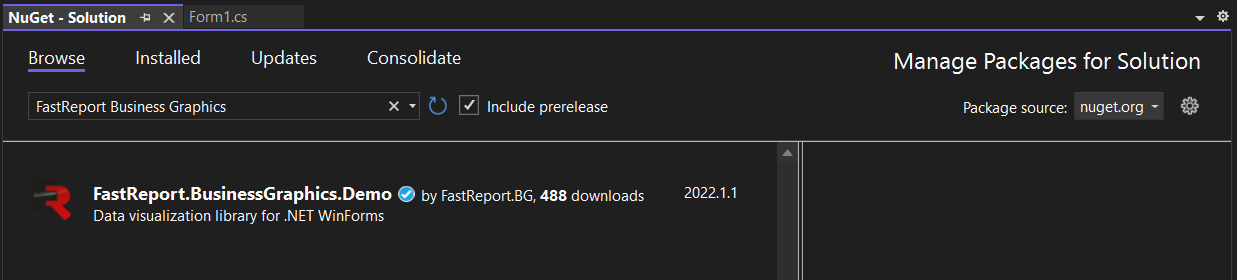 Installing FastReport Business Graphics from the Nuget package