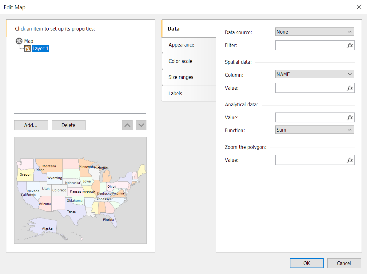 The "Map" object editor | FastReport Desktop