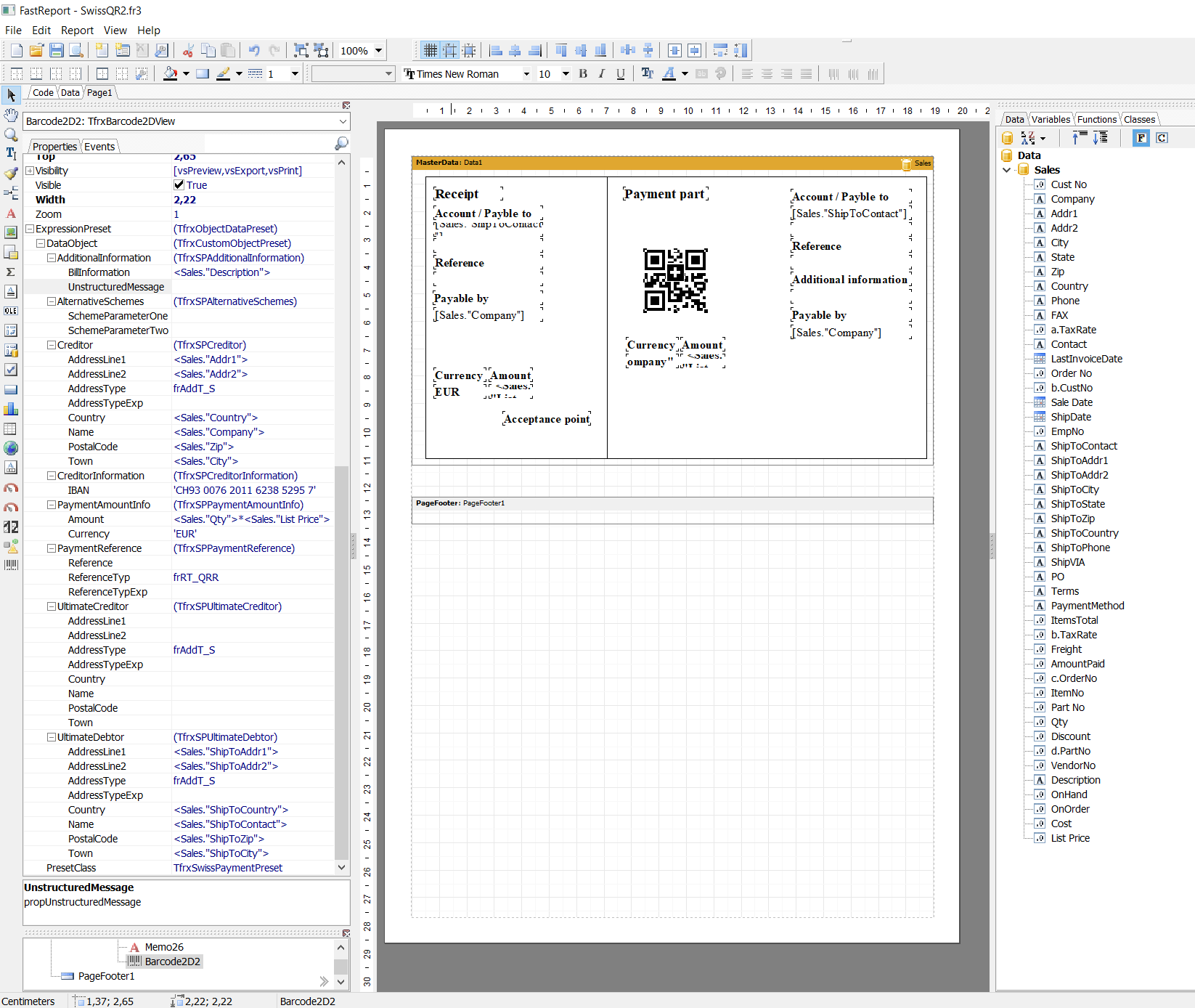 Report template for Swiss QR code bill with parameters