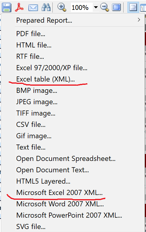 Calling the export menu in XLSX XML
