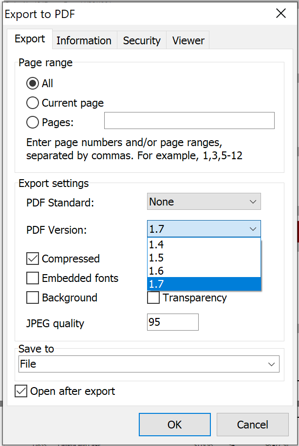 Version selection PDF 1.4, PDF 1.5, PDF 1.6, PDF 1.7