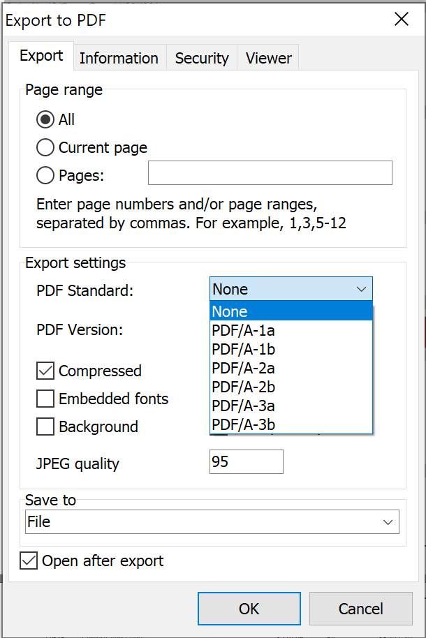 Выбор стандарта PDF/A-1a, PDF/A-1b, PDF/A-2b, PDF/A-2a, PDF/A-3a, PDF/A-3b 