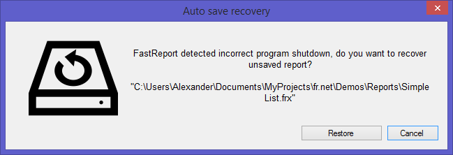 Auto Save report template recovery window